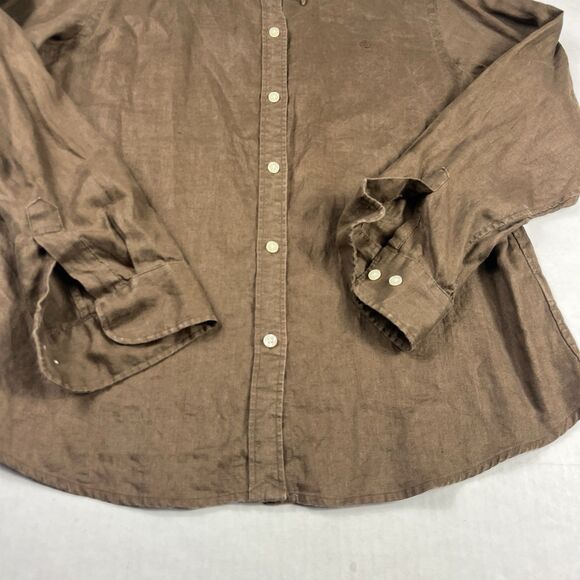 Lauren Ralph Lauren Linen Button Down Shirt Brown Collared Long Sleeve Top PM - Picture 2 of 11